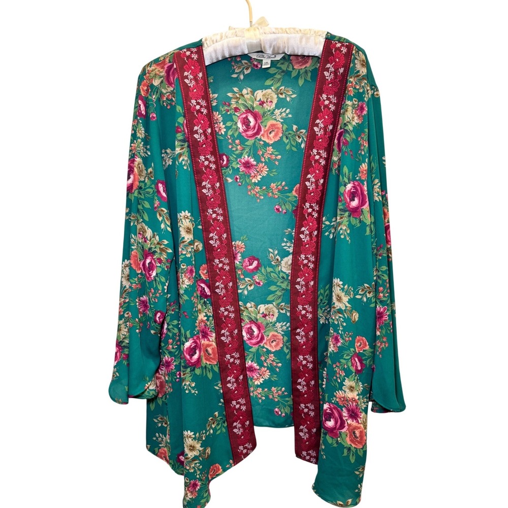 Bella Vanna Green Floral Kimono Cardigan Burgundy Embroidered Trim L/XL
